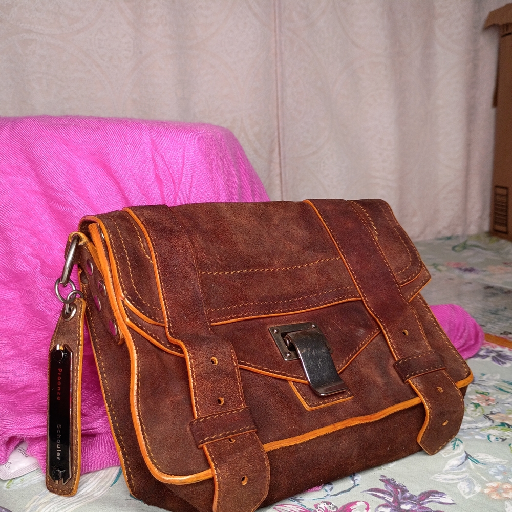 Proenza Schouler Brown Suede Messenger Bag with Orange Trim